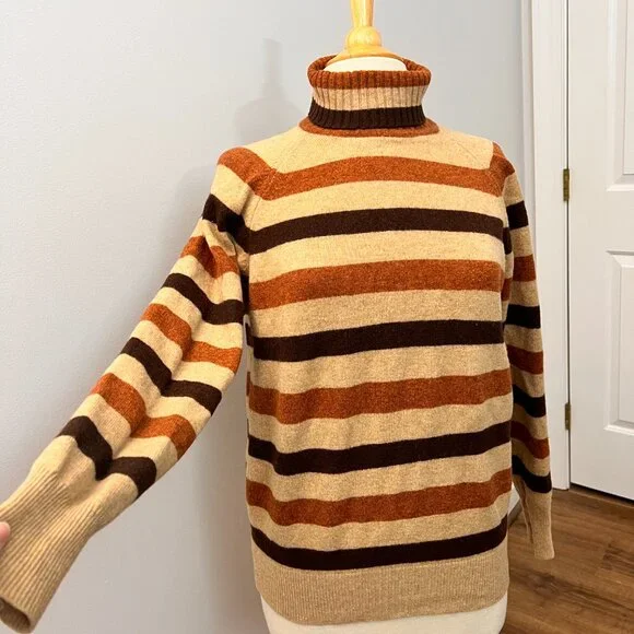 Vintage Thane 70s Brown Stripe Turtleneck Sweater 100% Lambswool Sz L - Picture 10 of 10